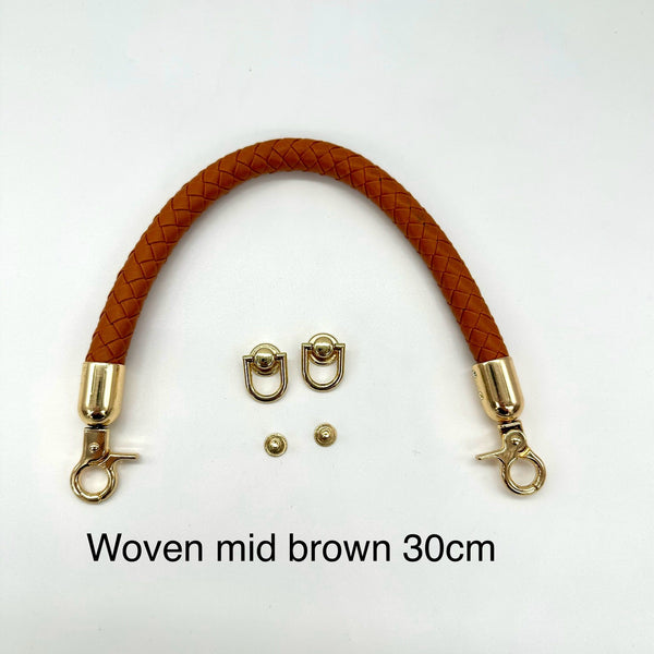 HANDLE + Two Screw-In D Rings for Hanging Shoe Bag: ONE **30cm** Bag Strap with Clasp Attachment in WOVEN / BRAIDED MID BROWN