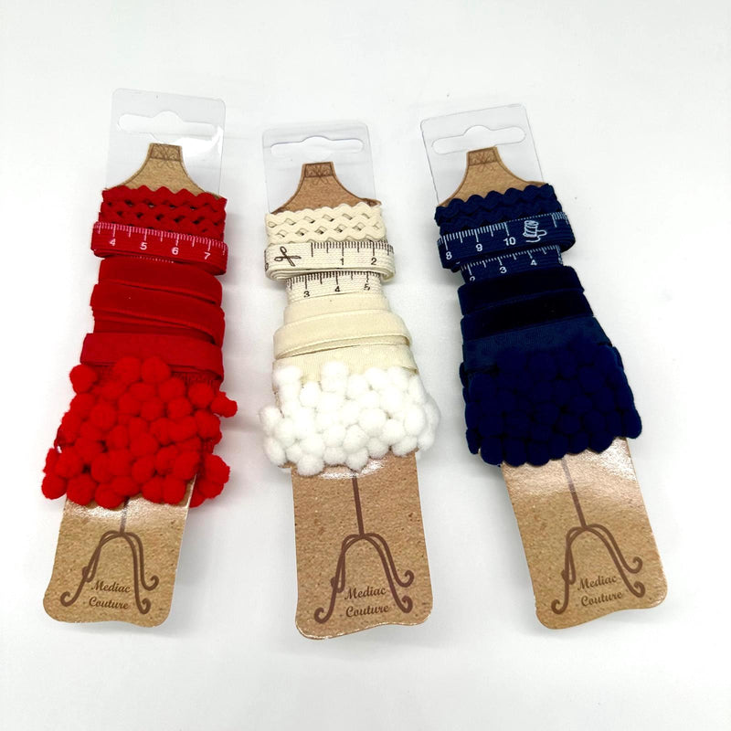 TRIM: Trio of "Mannequin" Ribbon and Trim Assortments in Red, Cream/Ivory and Navy Blue