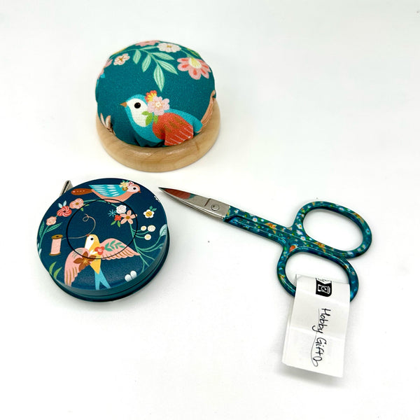 SET: HOBBY GIFT Embroidery Scissors, Pincushion + Tape Measure: BIRD AVIARY