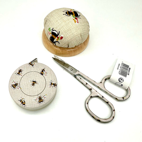 SET: HOBBY GIFT Embroidery Scissors, Pincushion + Tape Measure: BEES