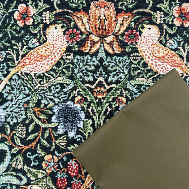 HALF METRE DUO: Chatham Glyn | Luxury Chenille Feel Tapestry Fabric 'Strawberry Thief' Ebony + Leaf Green Wax