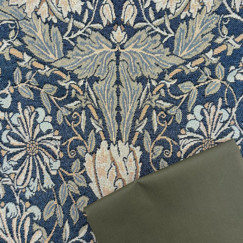 HALF METRE DUO: Chatham Glyn | Luxury Weight Cotton Rich Tapestry Fabric 'Honeysuckle' Navy NWW015 + Leaf Green Wax