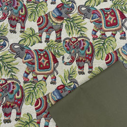 HALF METRE DUO: Chatham Glyn | Luxury Weight Cotton Rich Tapestry Fabric 'Indian Elephants' NWF046 + Leaf Green Wax