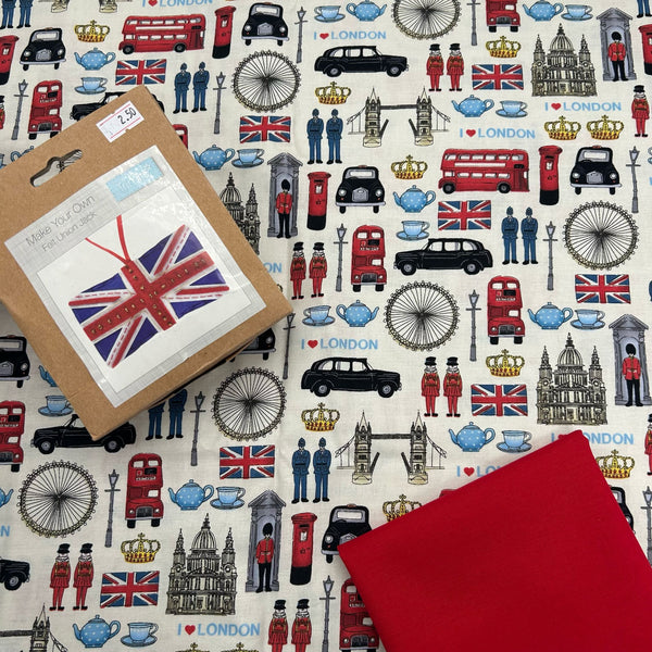 SPECIAL BUY: ½m Makower | London Revival 'London Icons' Cream 981/1 + ½m Cardinal + FREE Trimits 'Union Flag' Felt Kit