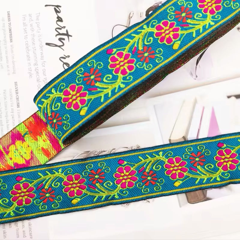 RIBBON: Embroidered Floral: 3.3cm / 1.3" Wide: FOLK FLOWER PINK ON TEAL: by the ½m