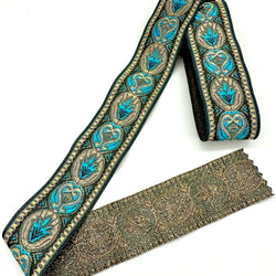 RIBBON: Embroidered Floral: 3.3cm / 1.3" Wide: GRECIAN BLUE/GREY: by the ½m