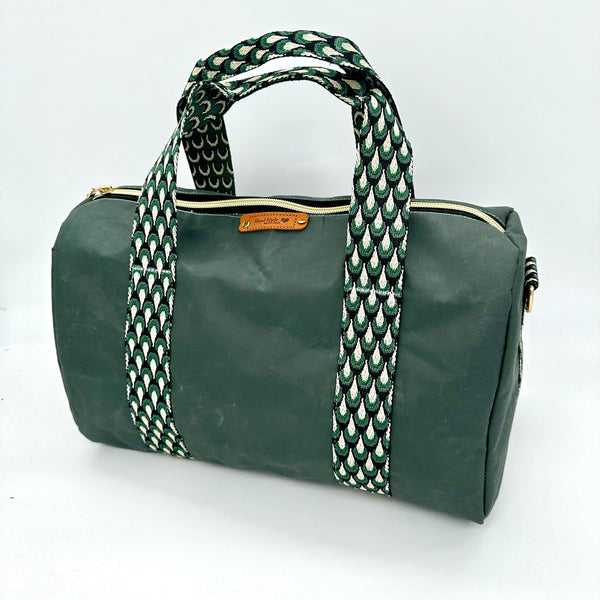 FABRIC + ZIP KIT: Bowling Bag: KHAKI GREEN PEACOCK Webbing + Deep Mineral Green Waxed Cotton + Green/Black Tartan