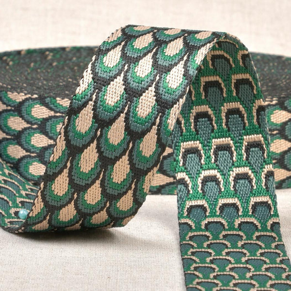 Webbing: 1½" / 38mm Wide: Peacock Design: by the METRE: Khaki Green