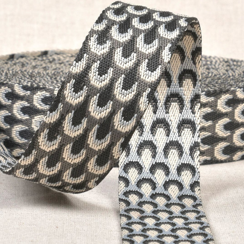 Webbing: 1½" / 38mm Wide: Peacock Design: by the METRE: Grey Black