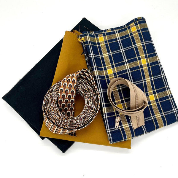 FABRIC + ZIP KIT: Bowling Bag: RUST PEACOCK Webbing + Mustard Cambric + Navy/Yellow Tartan