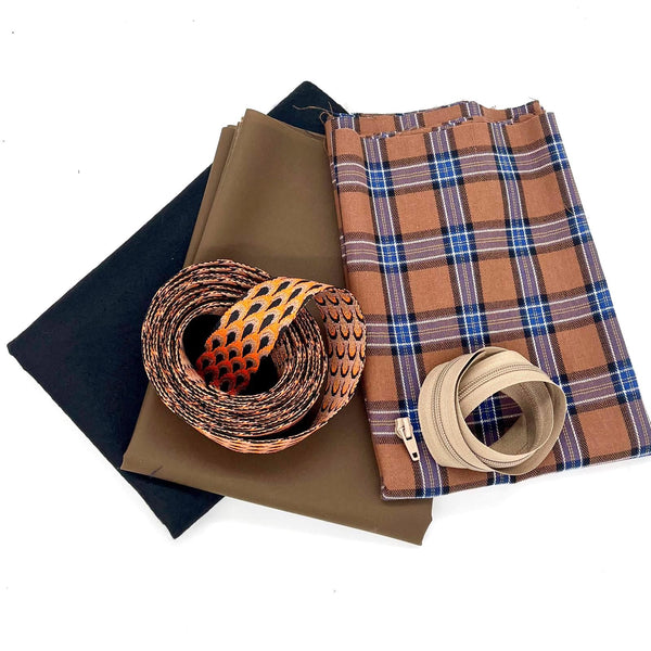 FABRIC + ZIP KIT: Bowling Bag: ORANGE PEACOCK Webbing + Bronze Brown Waxed Cotton + Tan/Blue Tartan