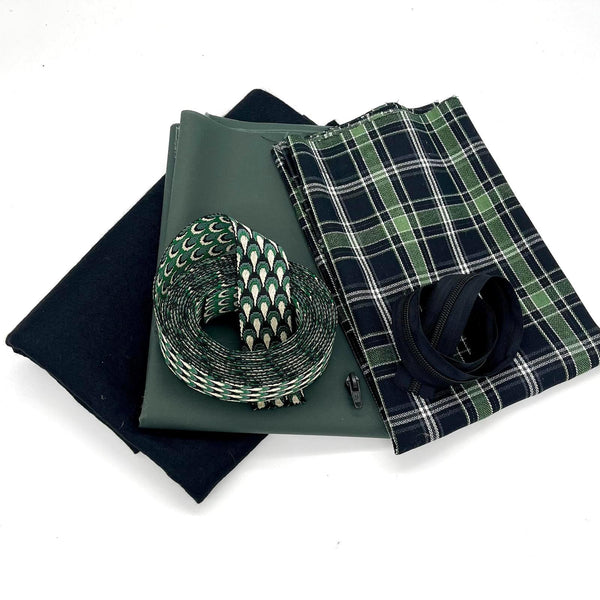 FABRIC + ZIP KIT: Bowling Bag: KHAKI GREEN PEACOCK Webbing + Deep Mineral Green Waxed Cotton + Green/Black Tartan