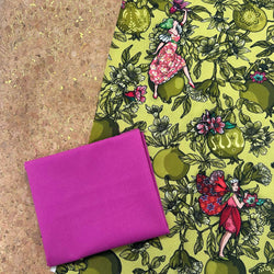 FABRIC TRIO: 3 x FQ: Odile Bailloeul 'Garden Secrets' Green + Raspberry Plain + Gold Metallic Sparkle Cork