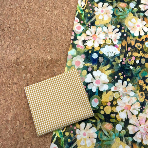 FABRIC TRIO: 3 x FQ: Este MacLeod 'Cosmo' Multi + Tilda 'Woven Gingham' Yellow + Large Grain Cork