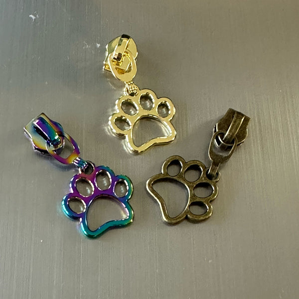 HARDWARE: THREE Size 5 Metal Zip Sliders with PAW Zipper Pulls: 1 Rainbow, 1 Gold, 1 Antique