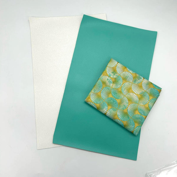 FABRIC BUNDLE: Two A4 Sheets PU + FQ Robert Kaufman Fabrics | Golden Vibes 'Fans' AINDM-22739-70 AQUA: TEAL Option C