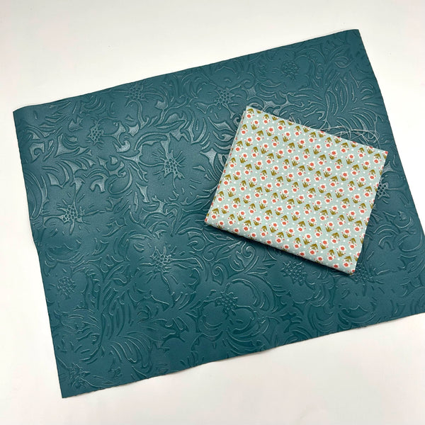 FABRIC DUO: 38cm x 30cm Teal Floral Embossed PU + FQ Liberty | Botanist's Walk 'Posy Breeze' Light Blue 410B