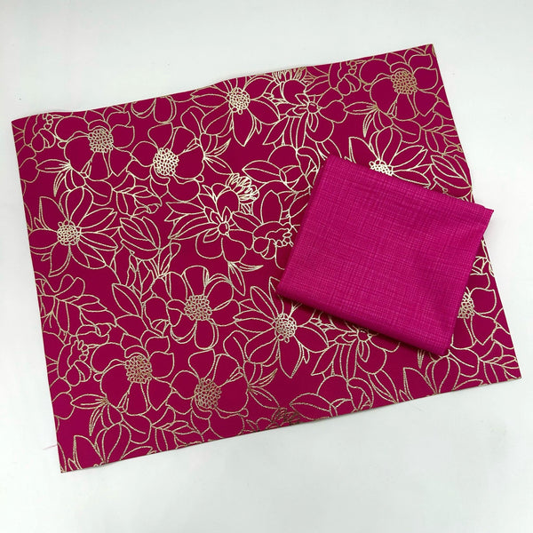 FABRIC DUO: 38cm x 30cm Pink and Gold Floral PU + FQ Makower 'Linea Tonal' Hot Pink 1525/P7