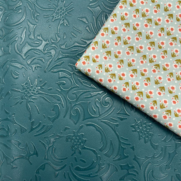 FABRIC DUO: 38cm x 30cm Teal Floral Embossed PU + FQ Liberty | Botanist's Walk 'Posy Breeze' Light Blue 410B