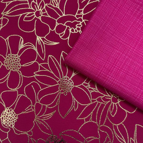 FABRIC DUO: 38cm x 30cm Pink and Gold Floral PU + FQ Makower 'Linea Tonal' Hot Pink 1525/P7