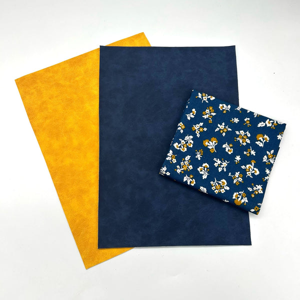 FABRIC BUNDLE: Two A4 Sheets SUEDE-EFFECT PU + FQ Liberty | Denim Florals 'Tumbling Blooms' Indigo 403A: Option H