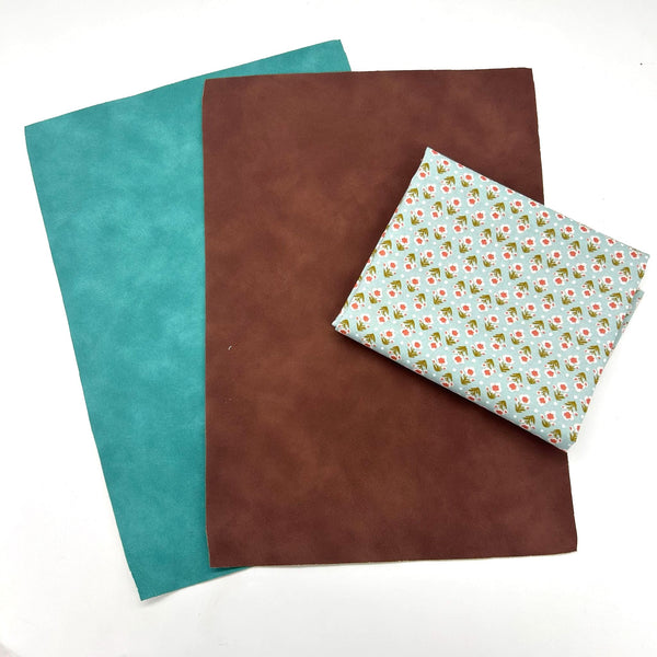 FABRIC BUNDLE: Two A4 Sheets SUEDE-EFFECT PU + FQ Liberty | Botanist's Walk 'Posy Breeze' Light Blue 410B: Option M