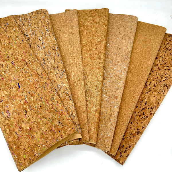 FAT QUARTER BUNDLE: 7 x FQ Cork: Small Grain, Large Grain, Dark Grain, Rainbow Grain, Black & White Grain, Gold Sparkle, Silver Sparkle