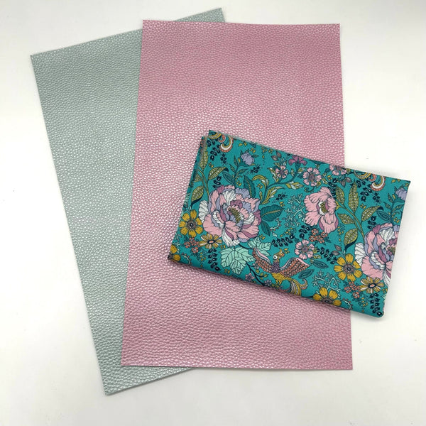 FABRIC BUNDLE: Two A4 Sheets PU + Large FQ Fizah Malik Designs for Dashwood | Pareeza Ace Lawn 'Floral Phoenix' TEAL 1682L: Option S