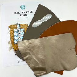 SPECIAL BUY: INSTRUCTIONS + PRECUT MYLAR TEMPLATE 'Bag Handle Ends' + 3 Large Pieces REAL LEATHER Scrap