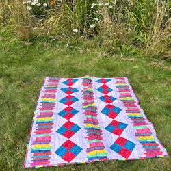 SAMPLE SALE: 26AY: Colourful Four Patch Strippy QUILT backed with KFC green floral