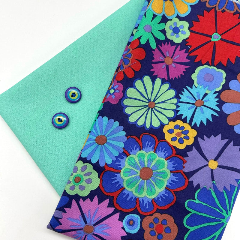 Fat Quarter Duo + 2 Kaffe Buttons: Kaffe Fassett Collective 'Folk Flower' Purple + Spearmint option