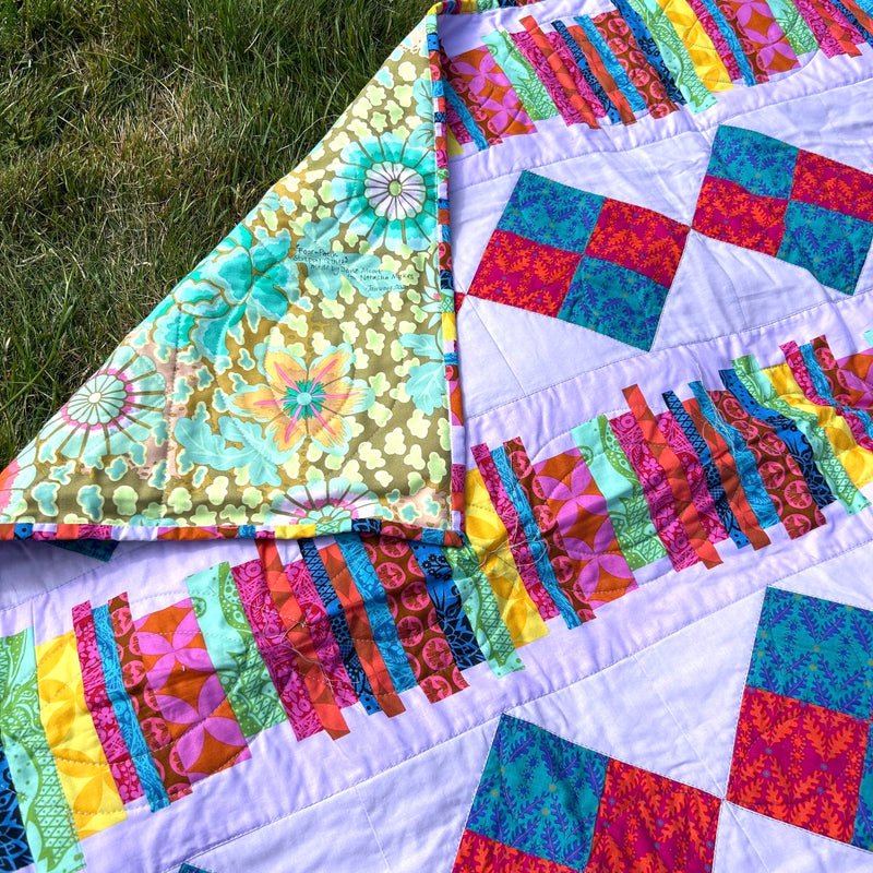 SAMPLE SALE: 26AY: Colourful Four Patch Strippy QUILT backed with KFC green floral