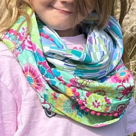 SAMPLE SALE:AN  Kaffe Fassett Collective Infinity Scarf with Bright Pink Pompom Trim (Aqua/Blue)