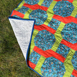 SAMPLE SALE: 26BL: Chain Link QUILT ft Odile Bailloeul | Broderie Boheme 'Garden of Delight' fabric (Blue/Paprika/Chartreuse)