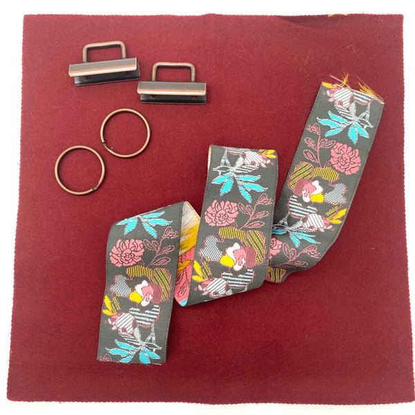 Renaissance Ribbon Key Fob Lanyard Kit: 'Love of Flowers' with Merlot Felt and Antique Copper Hardware