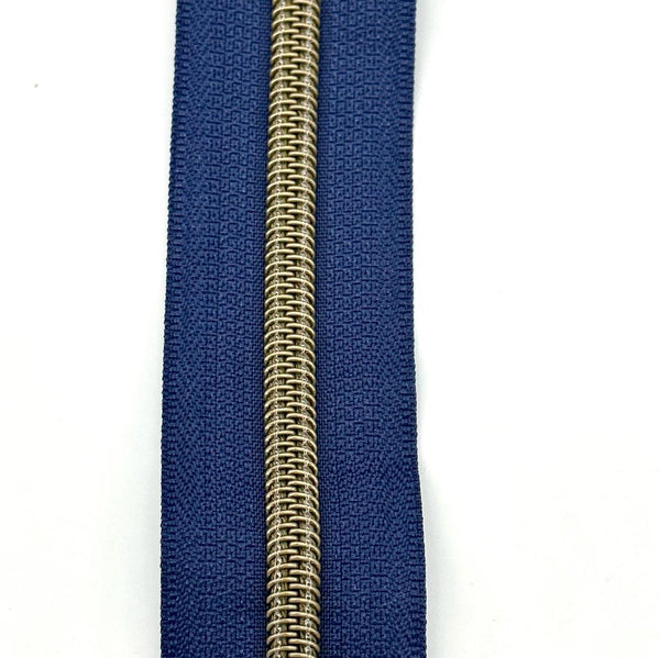 Zipper Tape BY THE METRE: Navy Blue with Antique Brass / Bronze Coil Teeth